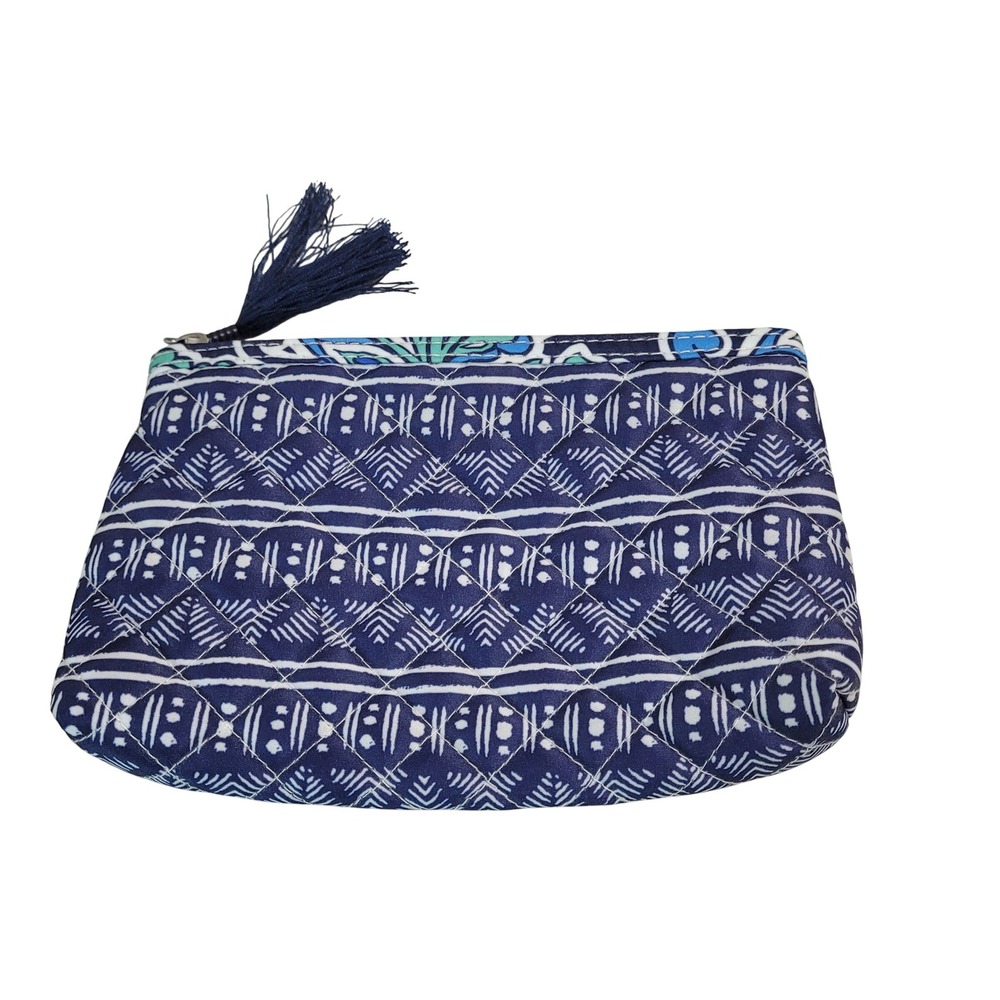 Moda Quilted Cosmetic Bag Womens Small Blue Geometric Tassel Boho Pouch
